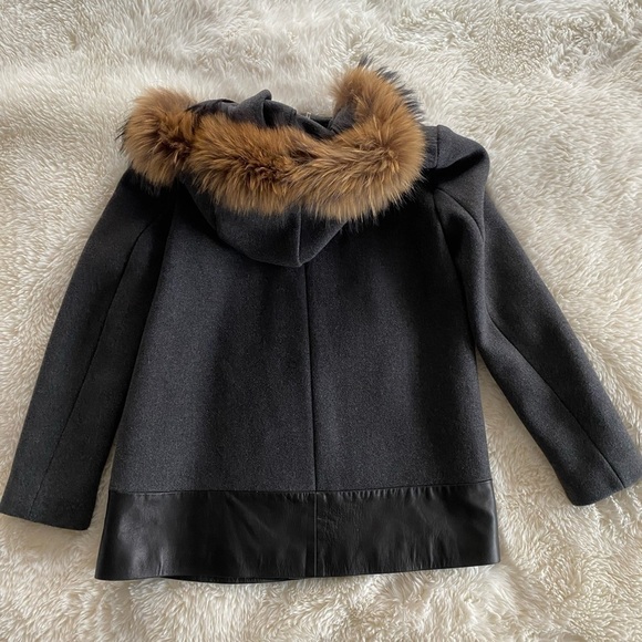Sandro Manoli Fur Trim Leather Panel Wool Coat Gray - Picture 10 of 11